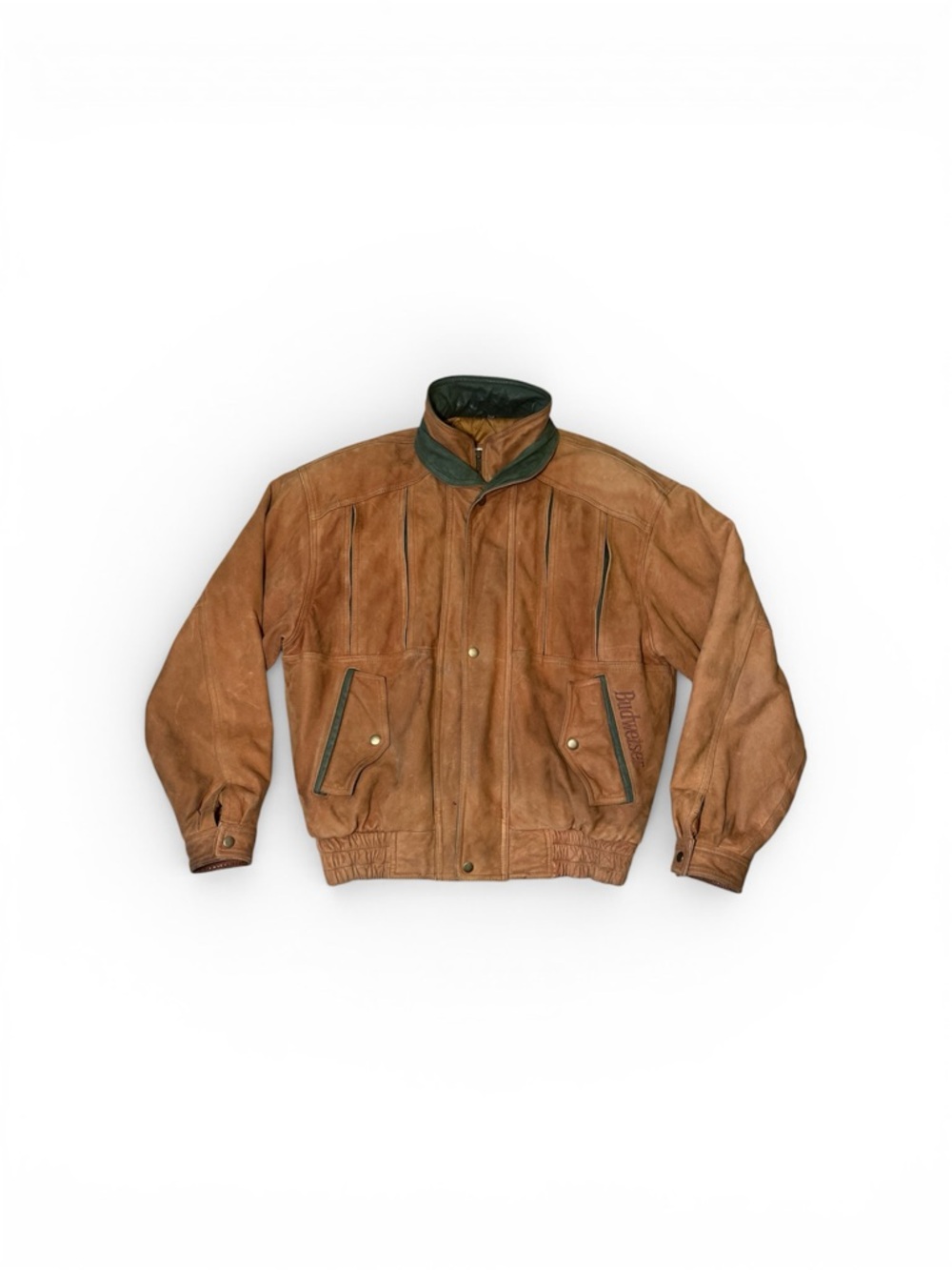 Vintage 90’s Exceed Large Brown And Green 100% Leather Bomber Jacket “Budweiser”
